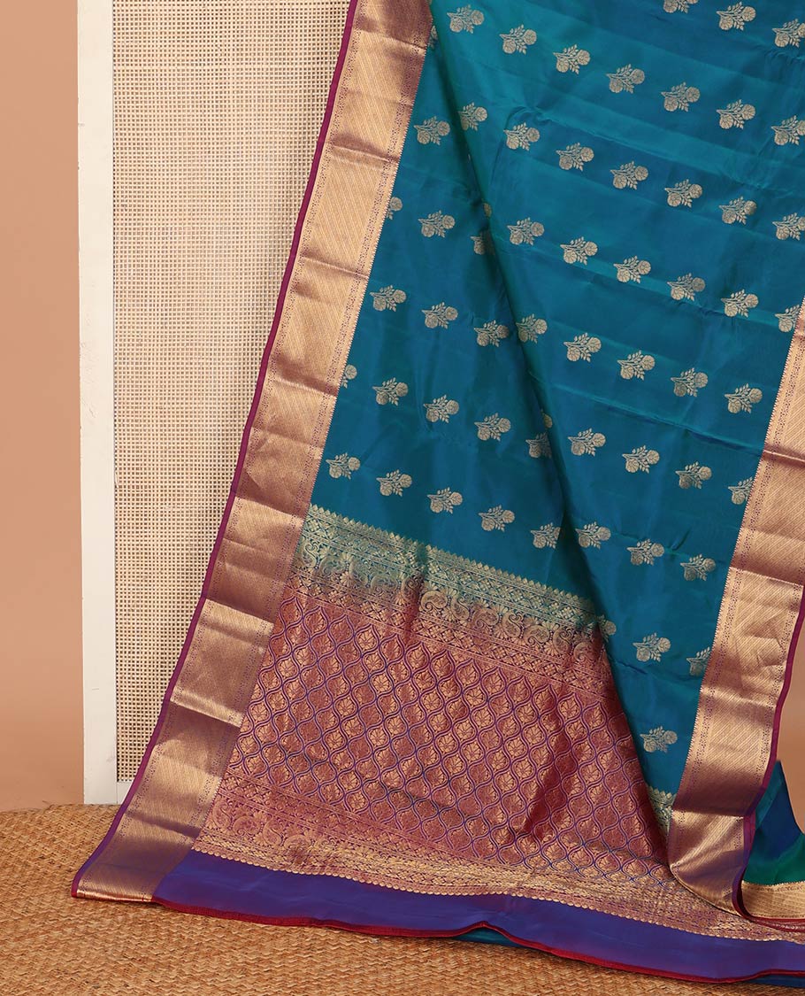 Blue zari buttas Vasundhara silk mix saree, contrast border of kodi visiry, and Greek key designs, and ogee patterned pallu