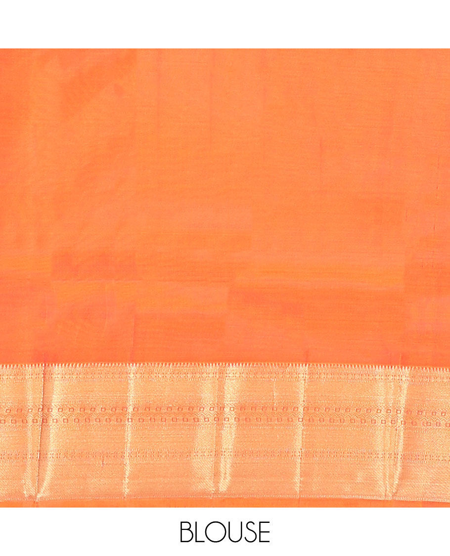 Orange Vasundhara Lite Silk Mix Saree, Showcasing Zari Buttas on Its Body, Highlighted by Zari Border of Rekku, Muthu, Rudraksham, Mayil Kann, and Chakram Designs, Grand Jaal Pallu, and Paired with a Matching Blouse