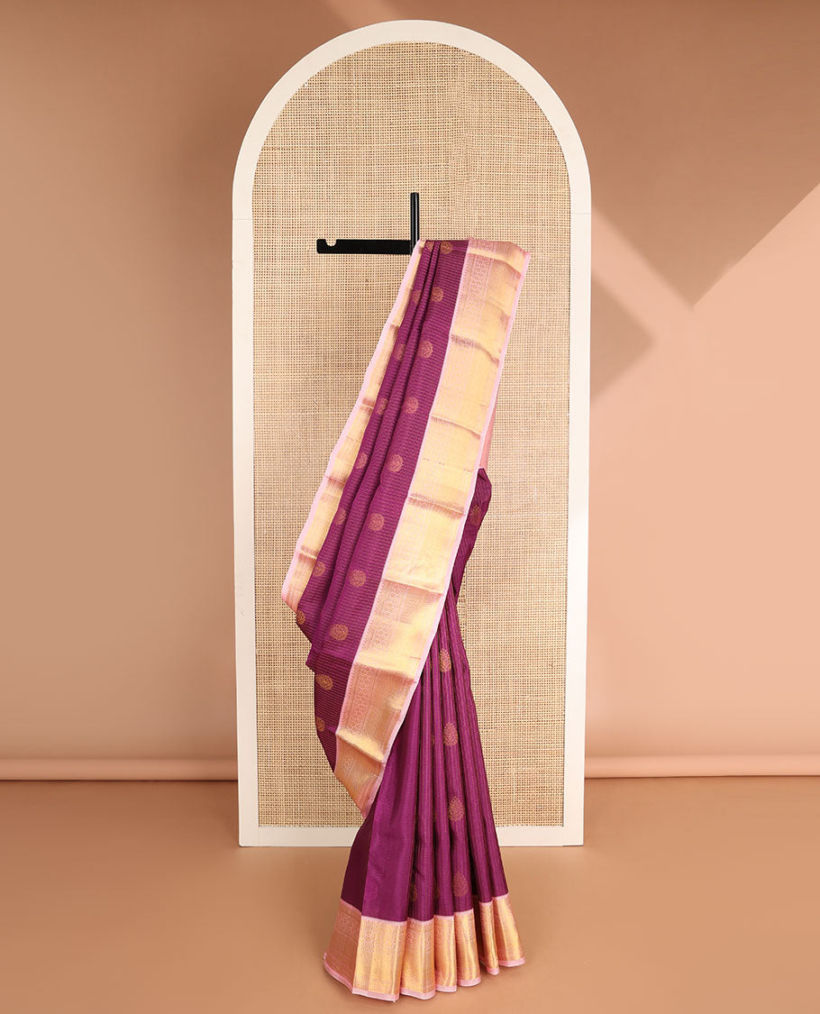 Purple checked, floral buttas vasundhara elite silk saree with contrast zari design border & intricate zari design pallu