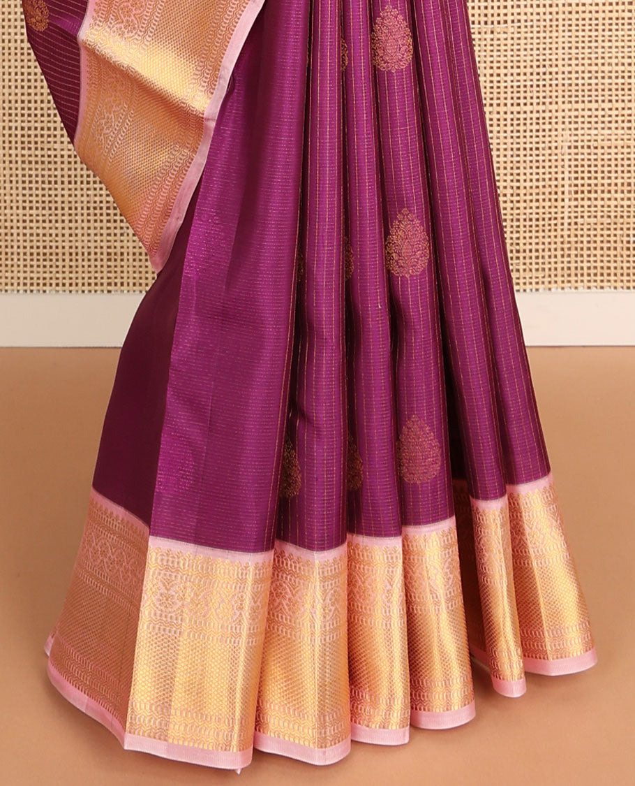 Purple checked, floral buttas vasundhara elite silk saree with contrast zari design border & intricate zari design pallu