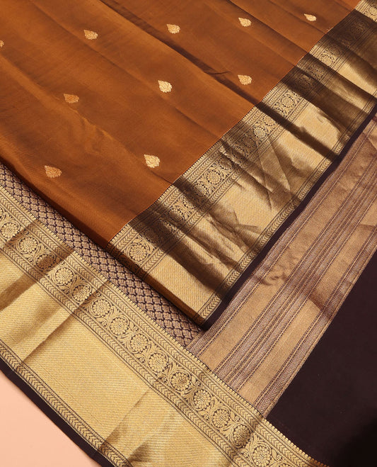 Mustard Vasundhara Lite Silk Mix Saree Richly Detailed with Zari Buttas Across Its Body, Contrast Border of Salngai, Neli, Kathir, and Kodi Visiry Designs, Zari Elevated Pallu, and a Contrast Blouse