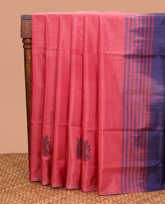 Borderless Red Banana Pith Saree, Woven with Thread Buttas All Over Its Body, Complemented by a Contrast Pallu Depicting Buttas, and Paired with a Contrast Blouse