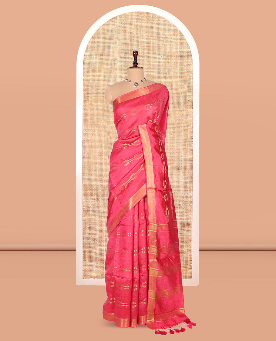 Pink Banana Pith Saree, Ornamented with Zari Designs, a Zari Border, Striped Pallu, and Matching Blouse