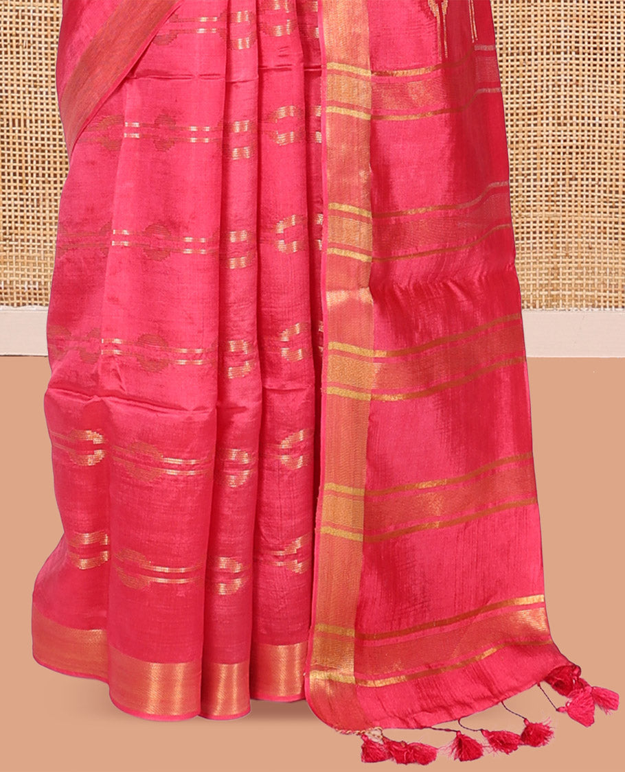 Pink Banana Pith Saree, Ornamented with Zari Designs, a Zari Border, Striped Pallu, and Matching Blouse