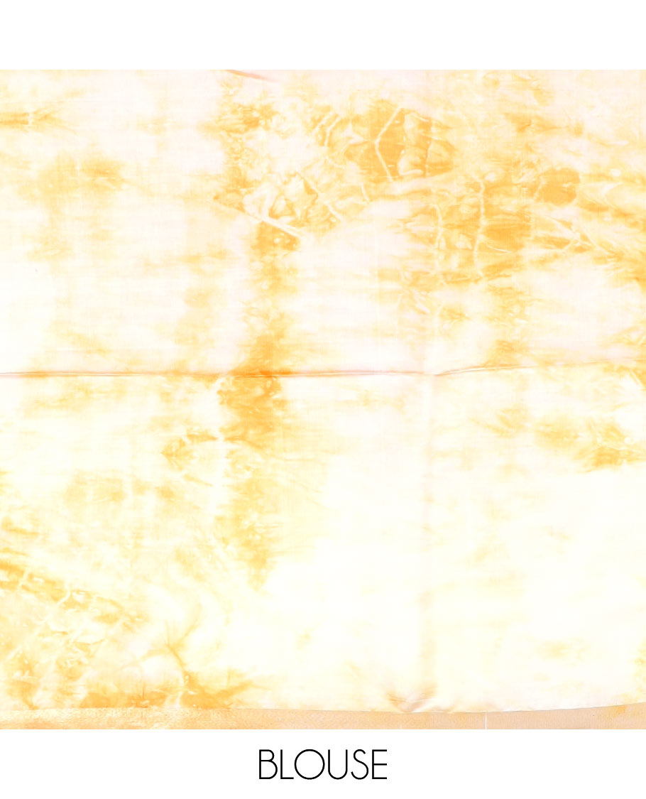 Pink shibori printed banana pith saree, contrast shibori printed border, and zari striped pallu