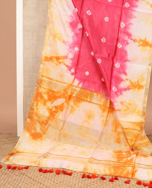Pink shibori printed banana pith saree, contrast shibori printed border, and zari striped pallu