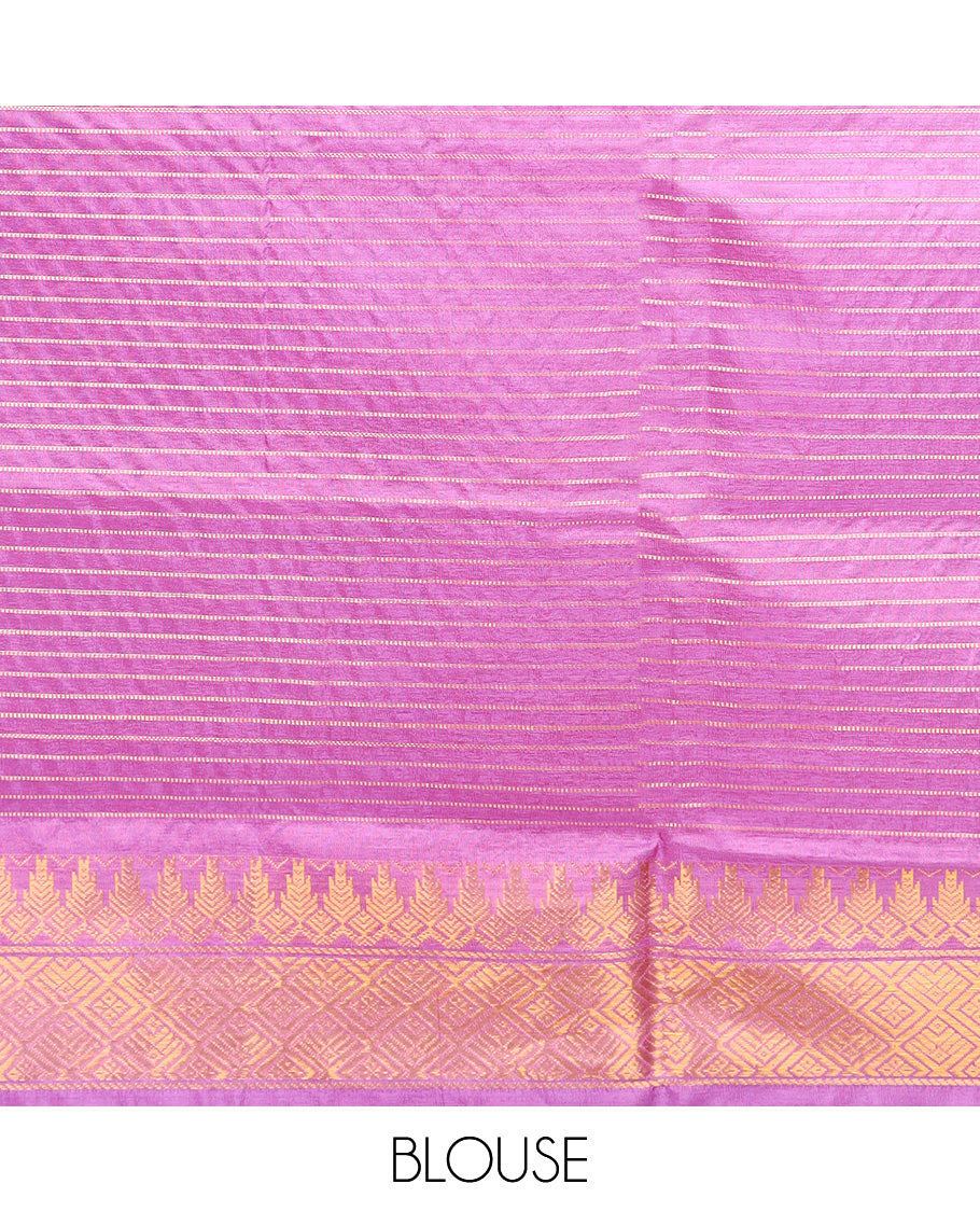 Pink zari striped banana pith saree, traditional zari border, and pallu of stripes