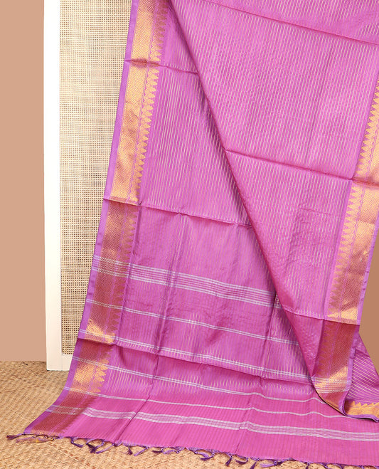 Pink zari striped banana pith saree, traditional zari border, and pallu of stripes