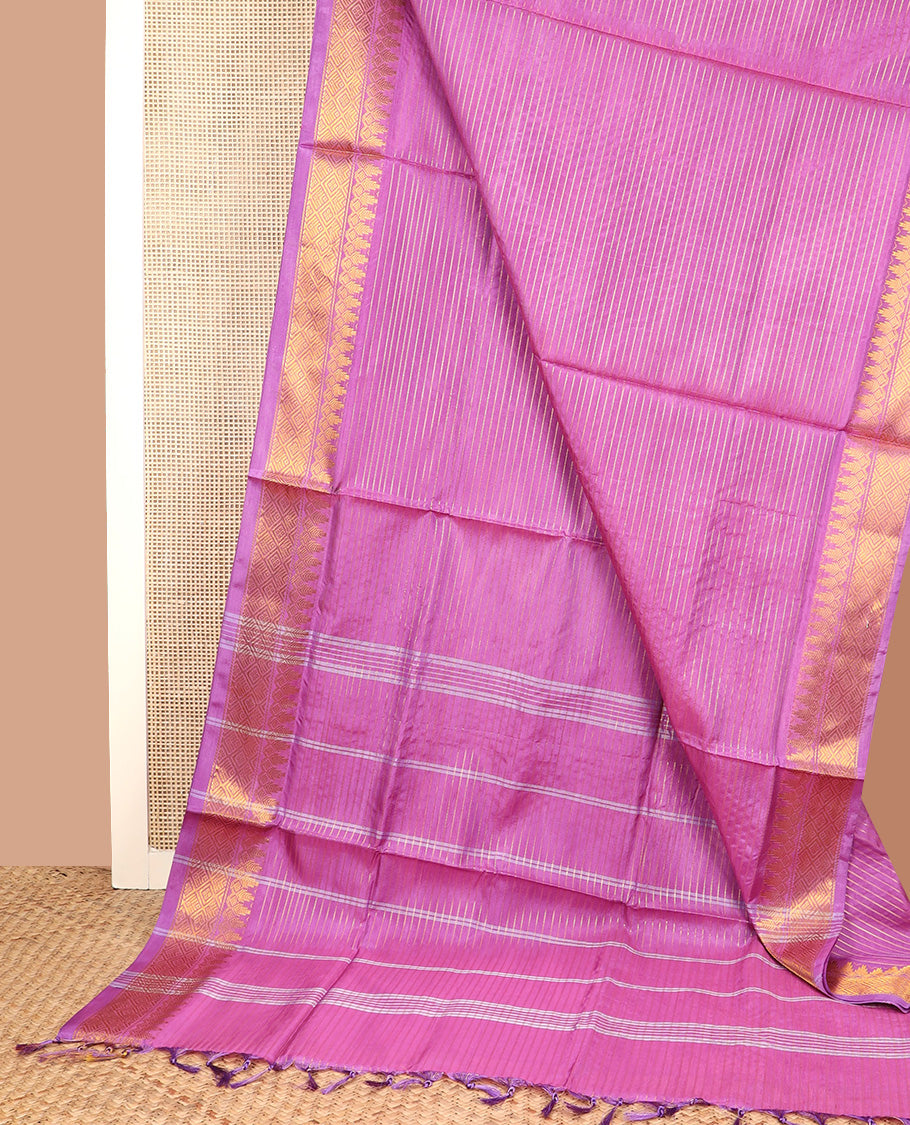 Pink zari striped banana pith saree, traditional zari border, and pallu of stripes