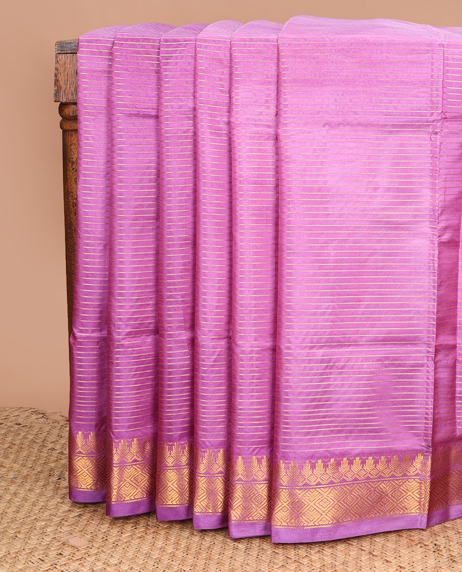 Pink zari striped banana pith saree, traditional zari border, and pallu of stripes
