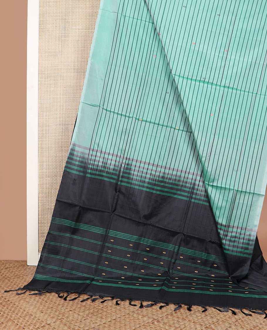 Borderless green stripes and buttas banana pith saree, contrast pallu of buttas and stripes