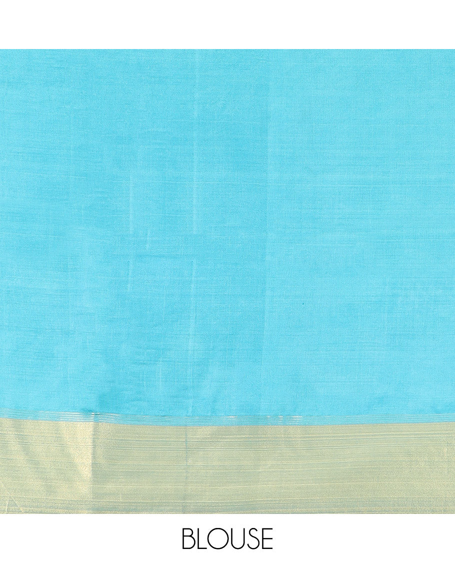 Blue Banana Pith Saree Elegantly Framed with Zari Buttas, Artfully Detailed Border with Zari Designs, Gleaming Zari Stripes Woven Pallu, and Paired with a Matching Plain Blouse