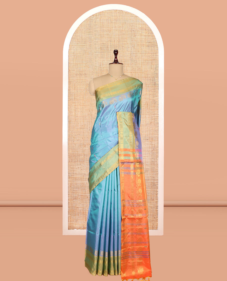 Blue Banana Pith Saree, Woven with Thread Buttas, Complemented by a Contrast Rettai Pettu Traditional Border, Pallu of Stripes and Buttas, and a Contrast Blouse
