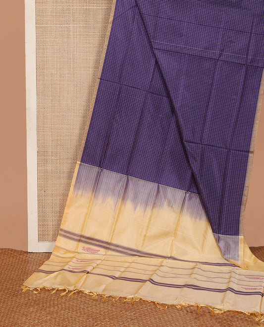 Blue micro-checked banana pith saree, contrast striped border, and pallu of buttas, and stripes