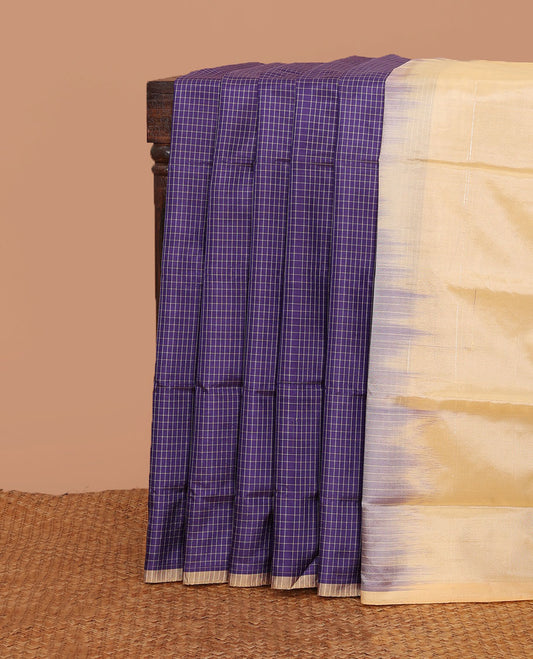 Blue micro-checked banana pith saree, contrast striped border, and pallu of buttas, and stripes