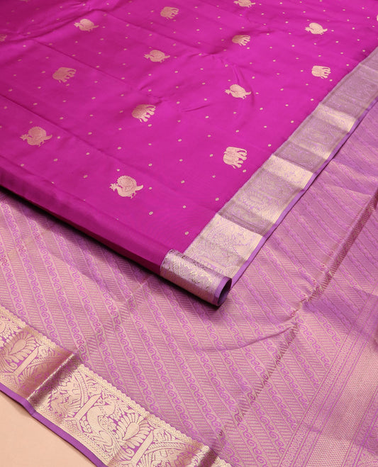 Rani pink mayil and yaanai buttas silk saree, contrast border of rekku, kathir, mayil, and yaanai designs, and pallu of geometric patterns