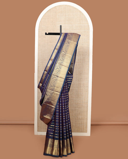 Blue zari stripes silk saree, zari border of kathir, mayil, and mayil kann designs, and jaal pallu