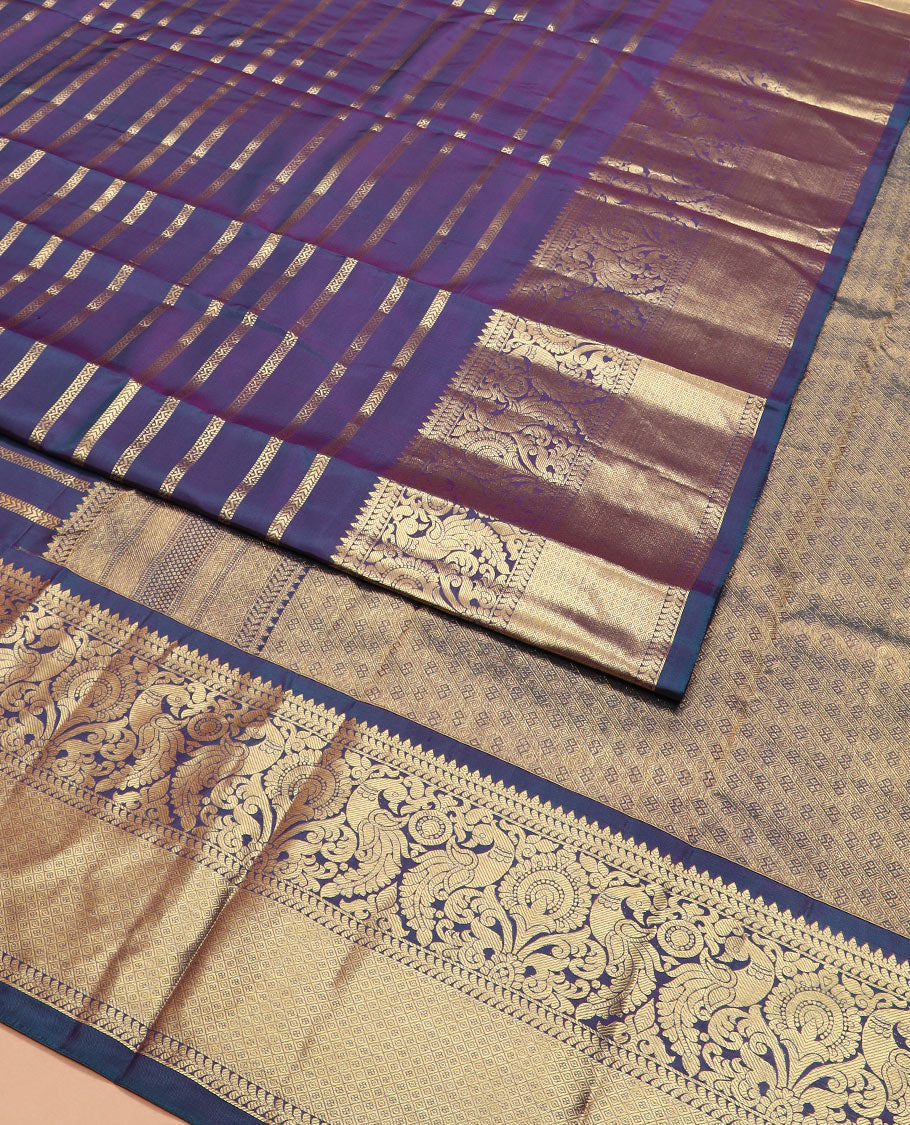 Blue zari stripes silk saree, zari border of kathir, mayil, and mayil kann designs, and jaal pallu