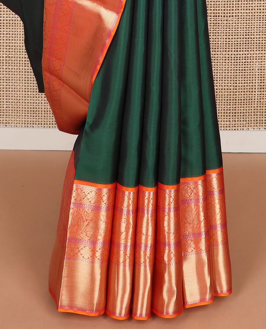 Bottle green buttas silk saree with contrast intricate zari design border & jaal design pallu