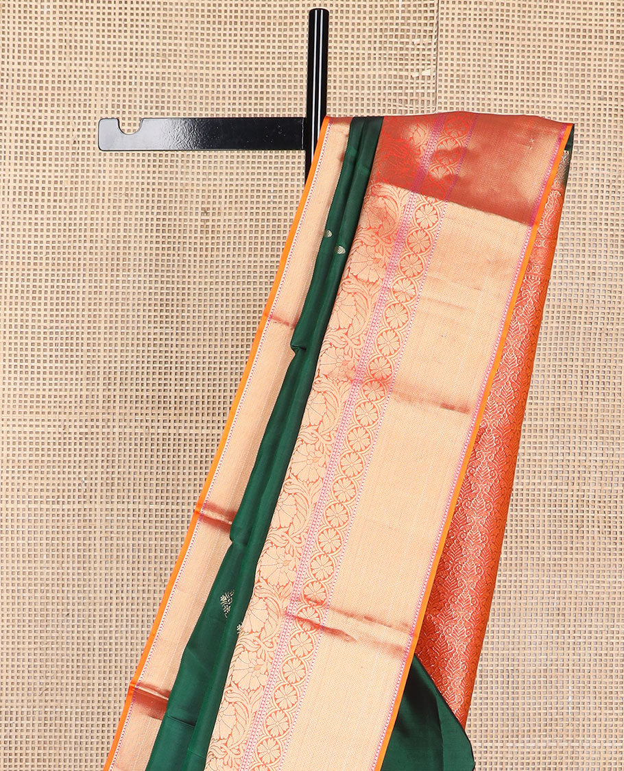 Bottle green buttas silk saree with contrast intricate zari design border & jaal design pallu