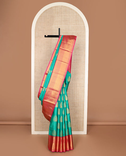 Blue zari buttas silk saree, contrast border of salngai,muthu,kuyil kann,jaal,vanki & dhavana kodi & intricate pallu
