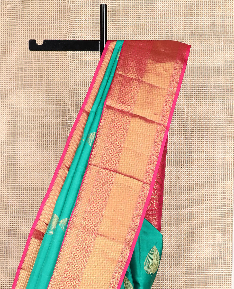 Blue zari buttas silk saree, contrast border of salngai,muthu,kuyil kann,jaal,vanki & dhavana kodi & intricate pallu