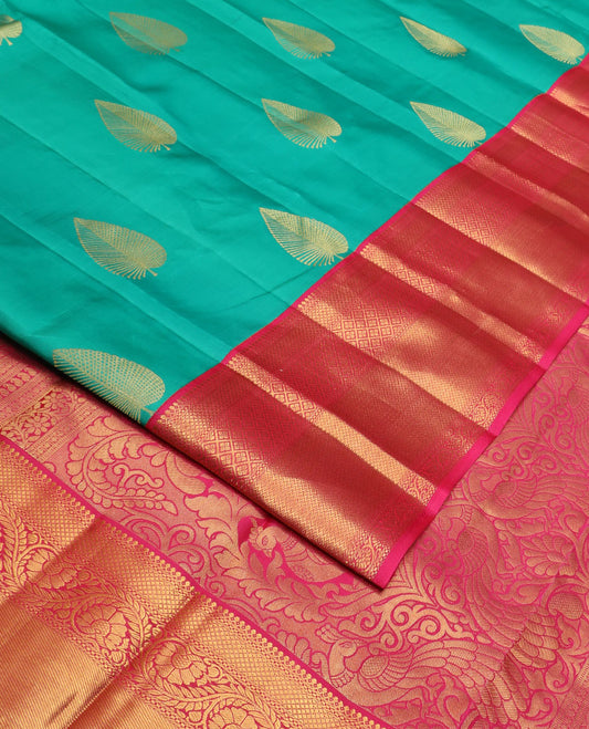 Blue zari buttas silk saree, contrast border of salngai,muthu,kuyil kann,jaal,vanki & dhavana kodi & intricate pallu
