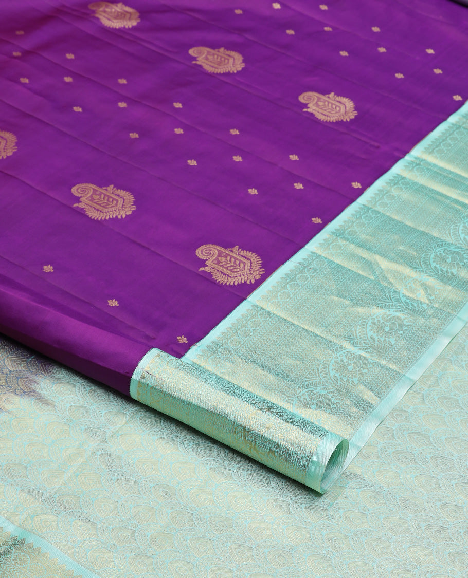 Violet zari buttas silk saree, contrast border of thilakam mokku, poun, kathir, mayil kann and mayil, scallop design pallu