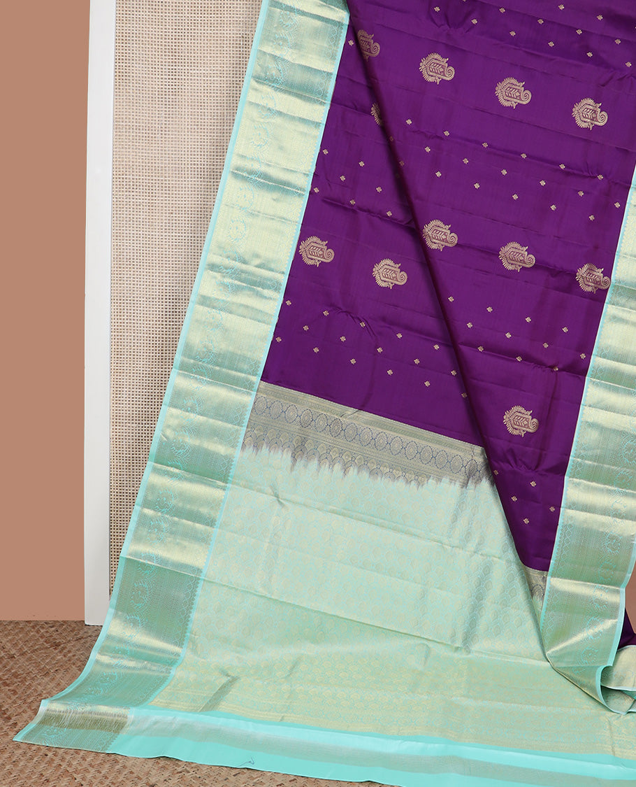 Violet zari buttas silk saree, contrast border of thilakam mokku, poun, kathir, mayil kann and mayil, scallop design pallu