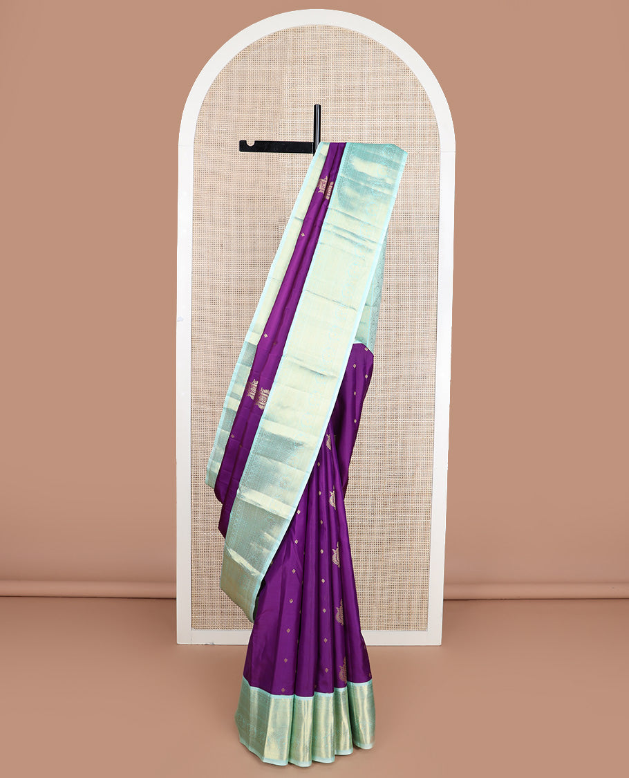 Violet zari buttas silk saree, contrast border of thilakam mokku, poun, kathir, mayil kann and mayil, scallop design pallu