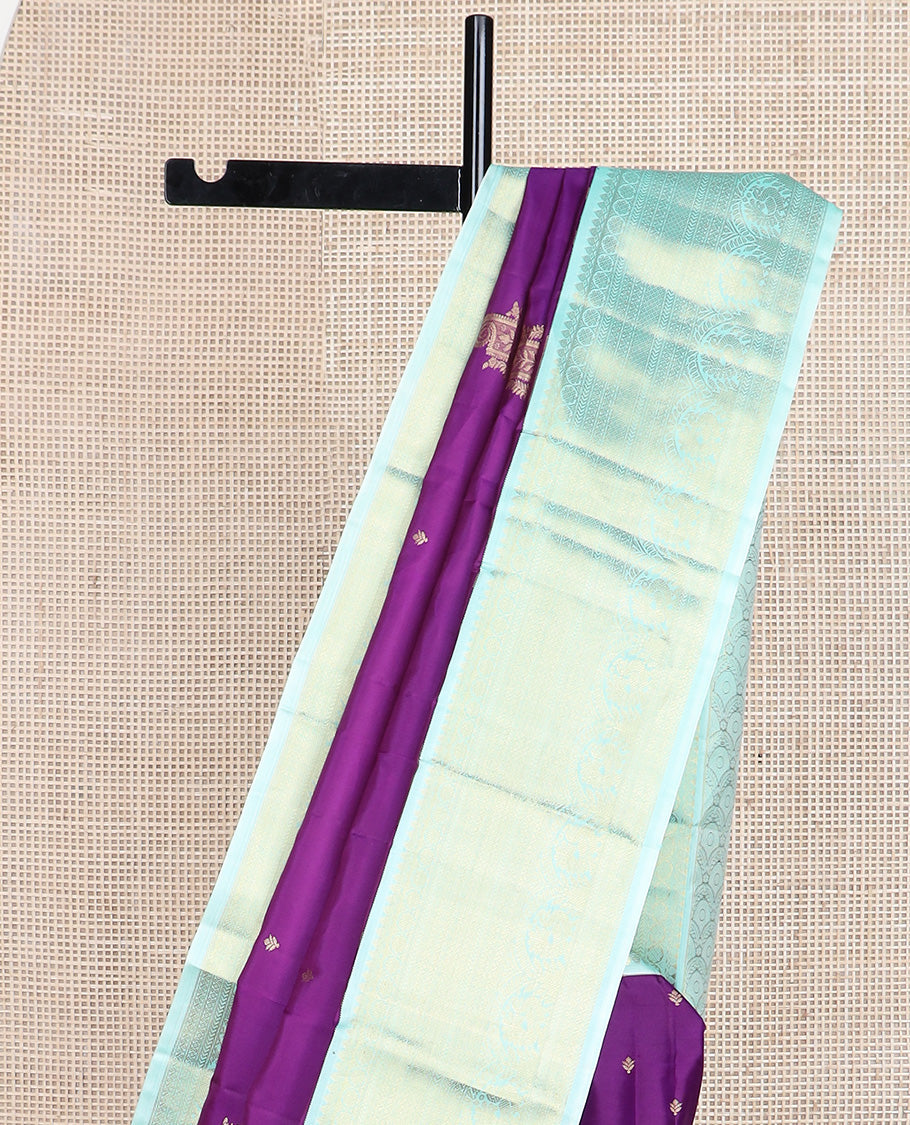 Violet zari buttas silk saree, contrast border of thilakam mokku, poun, kathir, mayil kann and mayil, scallop design pallu