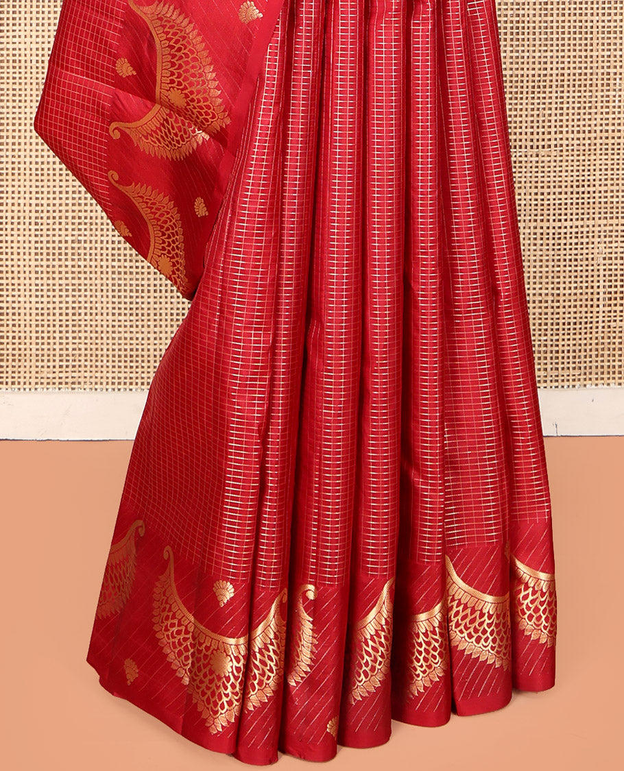 Red Vasundhara Silk Saree, Gleamed Up with Zari Checks, Highlighted by a Traditional Zari Border, Grand Intricate Pallu, and a Matching Blouse