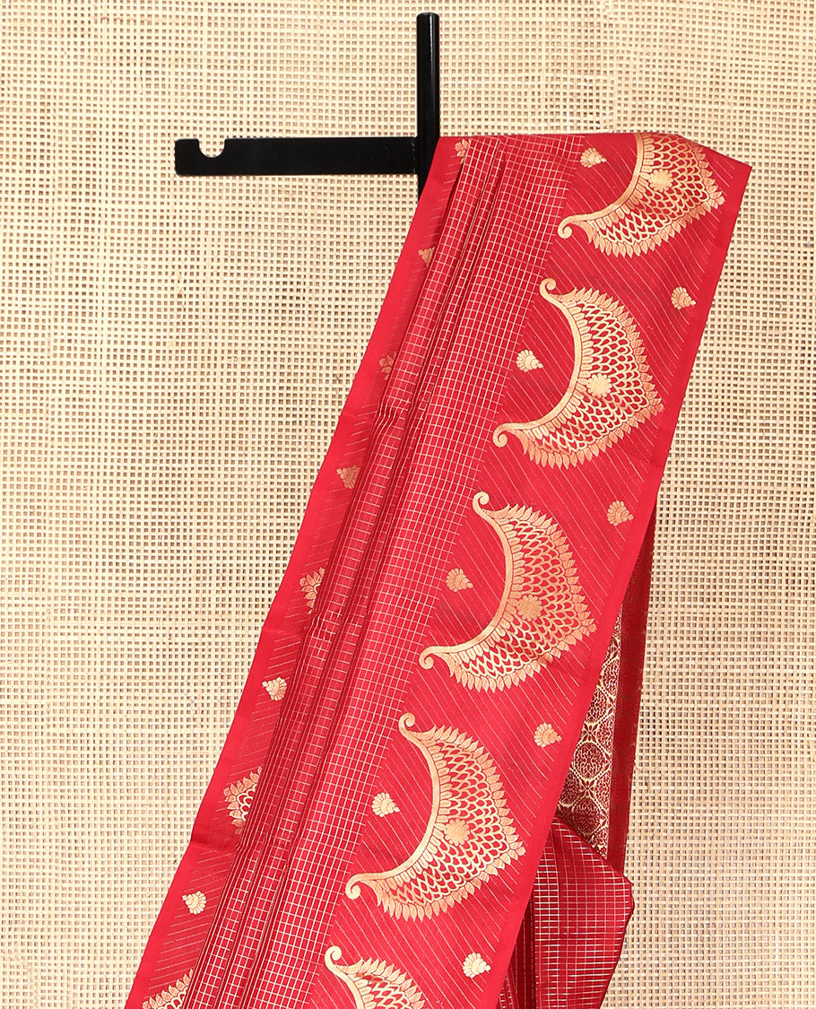 Red Vasundhara Silk Saree, Gleamed Up with Zari Checks, Highlighted by a Traditional Zari Border, Grand Intricate Pallu, and a Matching Blouse