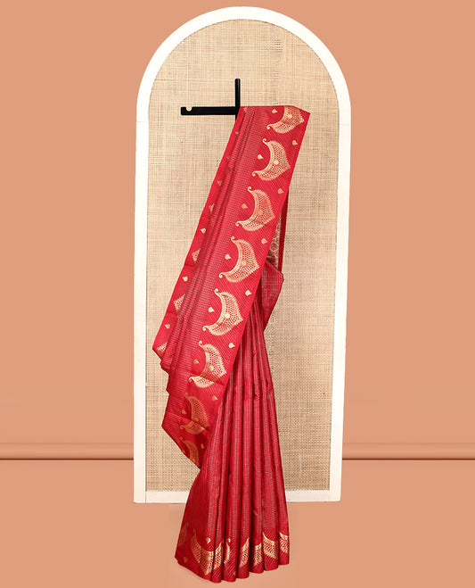 Red Vasundhara Silk Saree, Gleamed Up with Zari Checks, Highlighted by a Traditional Zari Border, Grand Intricate Pallu, and a Matching Blouse