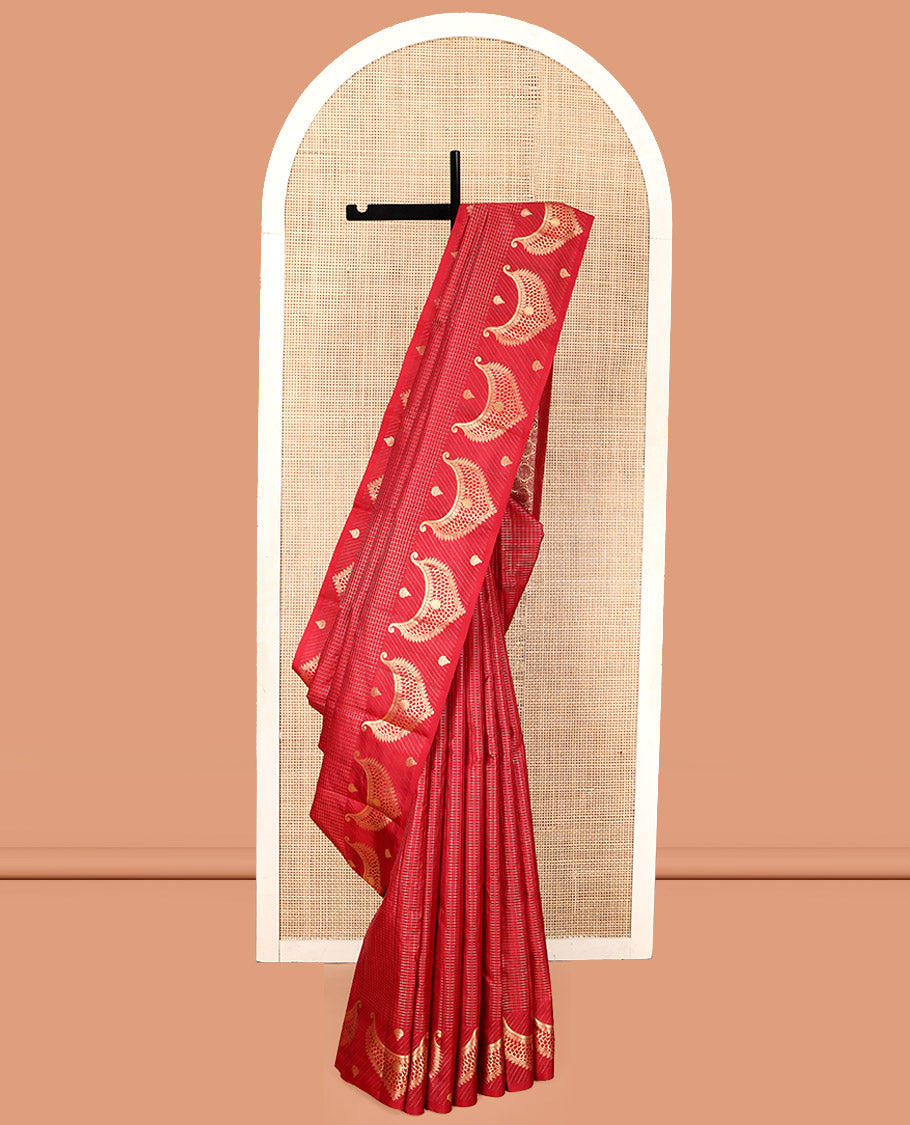 Red Vasundhara Silk Saree, Gleamed Up with Zari Checks, Highlighted by a Traditional Zari Border, Grand Intricate Pallu, and a Matching Blouse