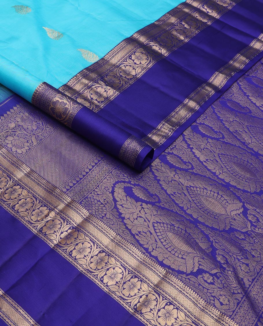 Blue zari buttas silk saree, contrast border of thilakam,neli,mayil kann & kodi visiry design & manga design pallu