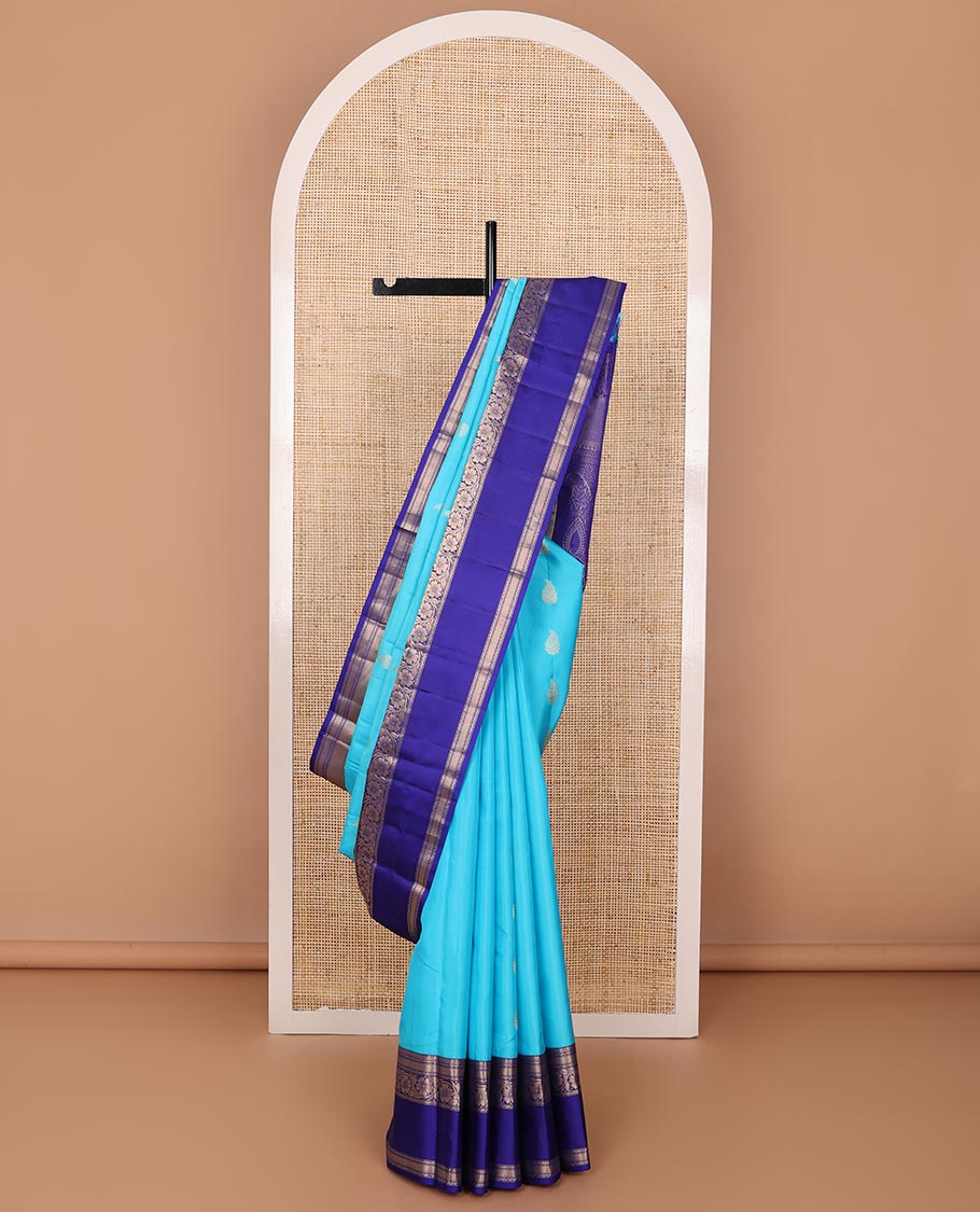 Blue zari buttas silk saree, contrast border of thilakam,neli,mayil kann & kodi visiry design & manga design pallu
