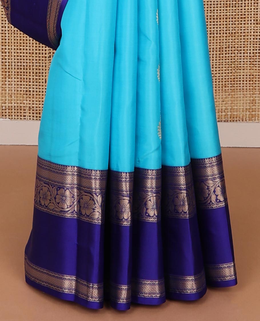 Blue zari buttas silk saree, contrast border of thilakam,neli,mayil kann & kodi visiry design & manga design pallu