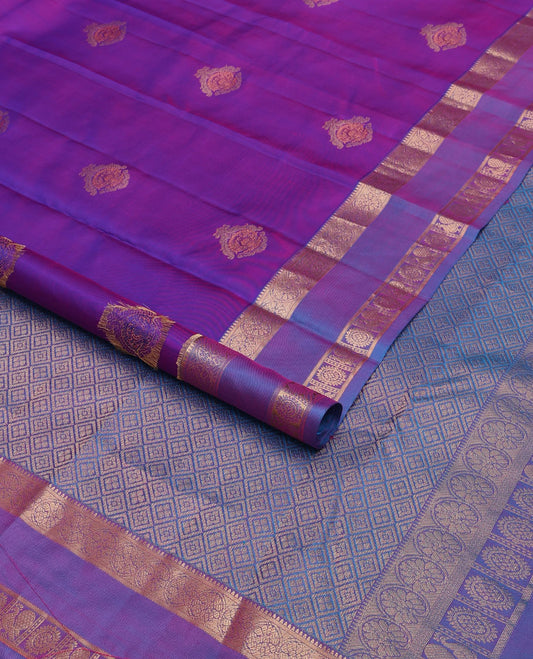 Purple zari buttas silksaree, jaal pallu & rettai pettu border of rekku, kodi visiry & annam chakram designs