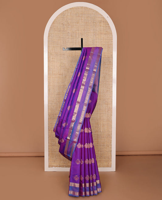 Purple zari buttas silksaree, jaal pallu & rettai pettu border of rekku, kodi visiry & annam chakram designs