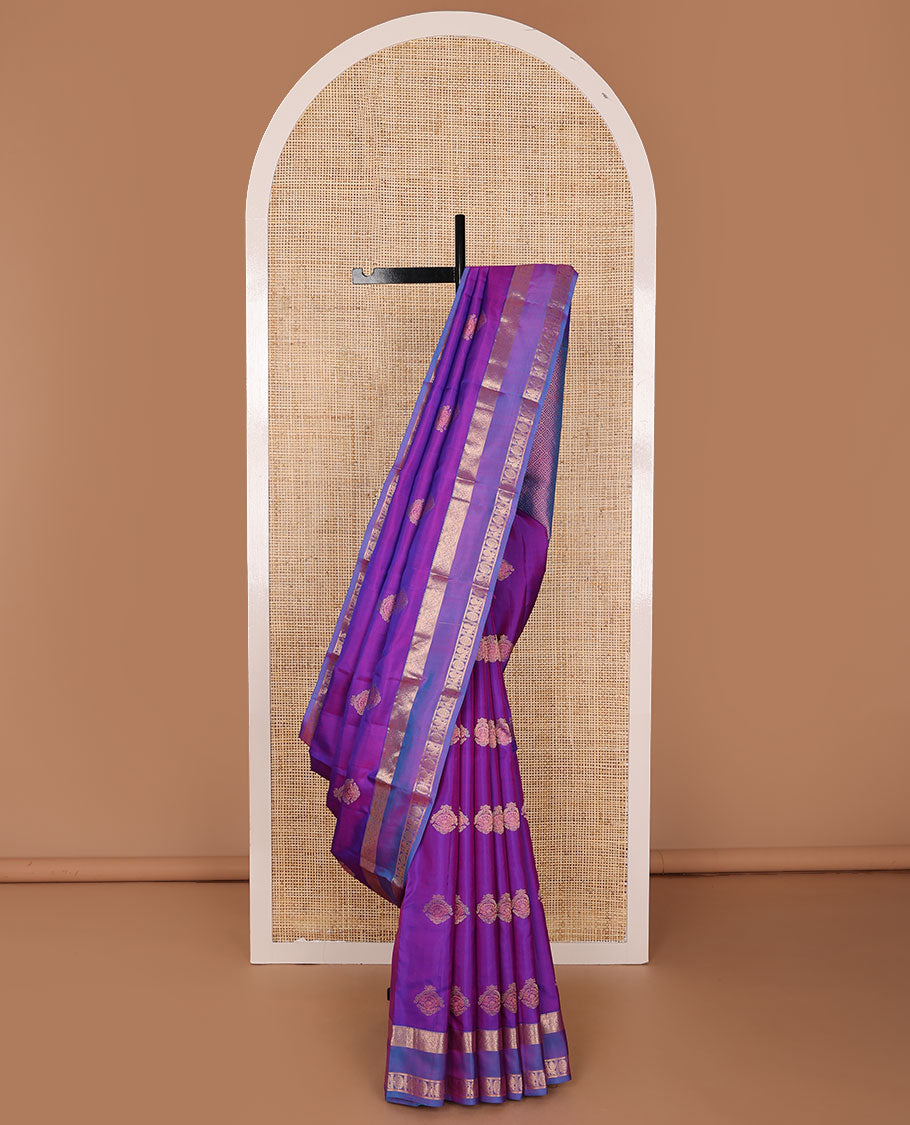Purple zari buttas silksaree, jaal pallu & rettai pettu border of rekku, kodi visiry & annam chakram designs