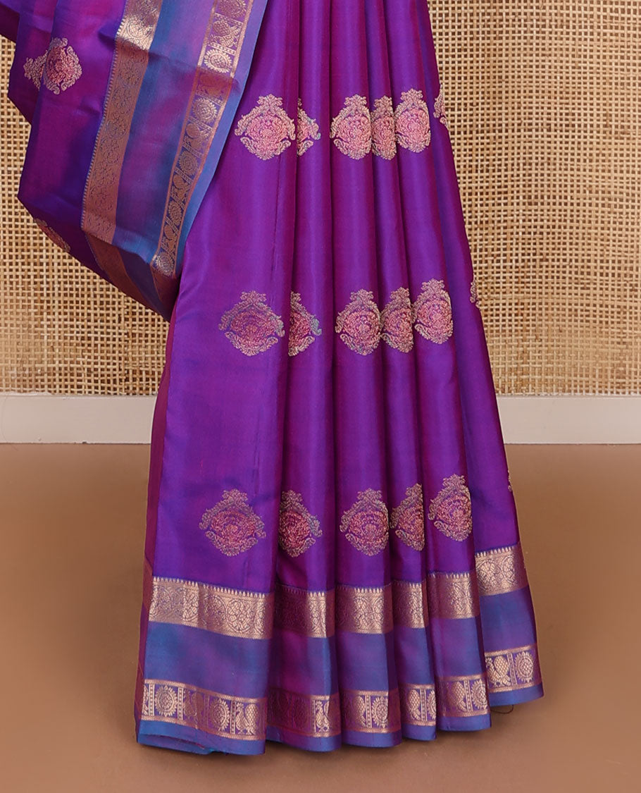 Purple zari buttas silksaree, jaal pallu & rettai pettu border of rekku, kodi visiry & annam chakram designs
