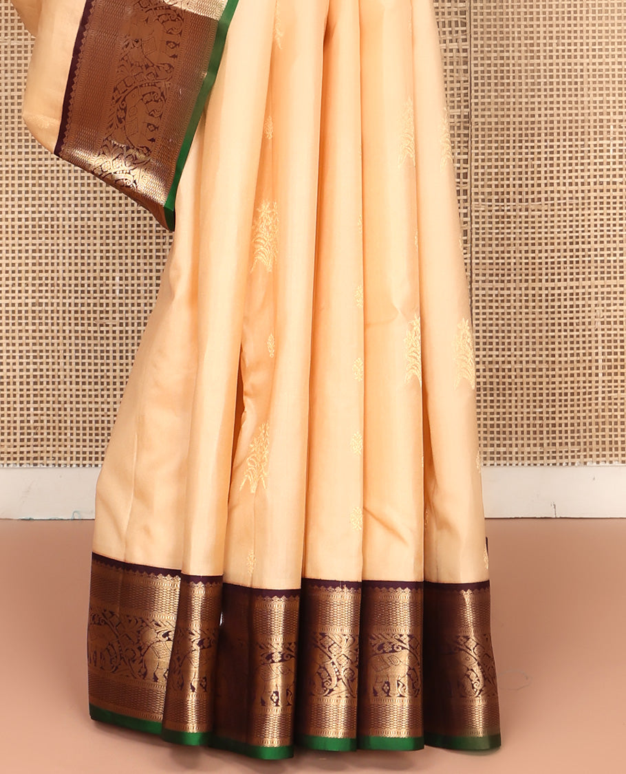 Sandal Vasundhara Silk Saree, Sparsely Woven with Zari Buttas All Over Its Body, Complemented by Contrast Border of Mayil Kann and Yaanai Designs, Grandly Decked Up Pallu and Paired with a Contrast Blouse