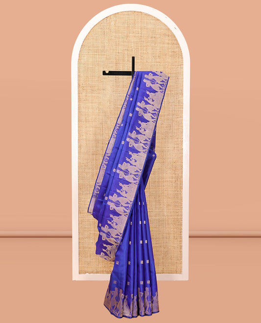 Blue Vasundhara Silk Saree, Detailed with Zari Buttas, Highlighted by a Classical Dance-Themed Woven Border, Pallu of Dance Mudras, and a Matching Blouse