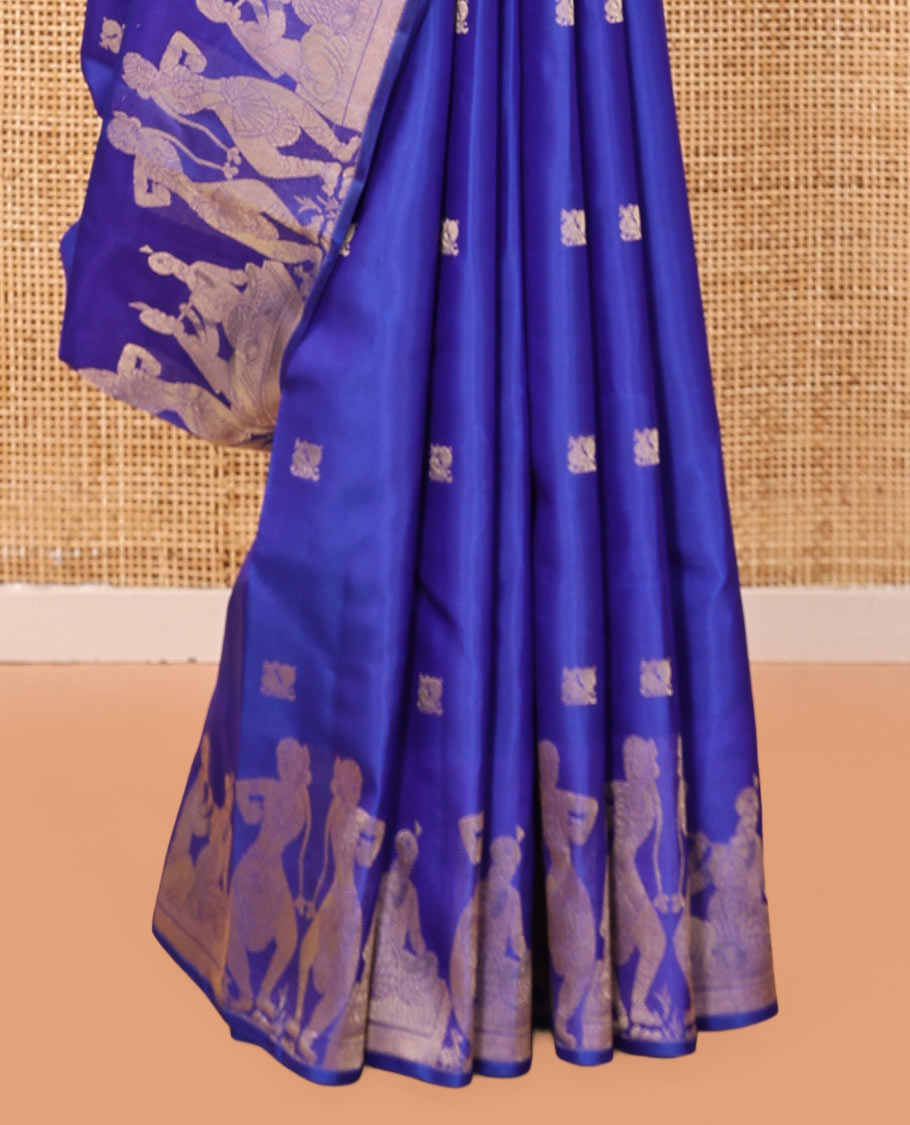 Blue Vasundhara Silk Saree, Detailed with Zari Buttas, Highlighted by a Classical Dance-Themed Woven Border, Pallu of Dance Mudras, and a Matching Blouse
