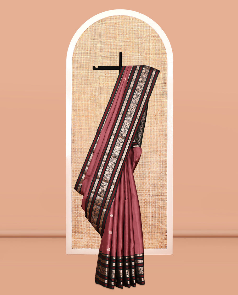 Pink Vasundhara Silk Saree, Detailed with Mayil and Chakram Buttas, Contrast Border of Thilakam and Kodi Visiry Designs, Buttas Enclosed Checked Pallu, and Contrast Blouse