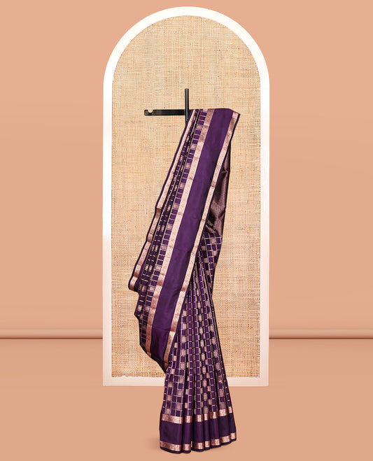 Purple Vasundhara Silk Saree, Decorated with a Zari Checked Design, Highlighted by a Zari Rettai Pettu Border of Yaanai Designs, Jaal Pallu, and a Matching Blouse
