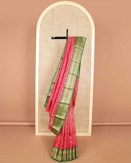 Red floral jaal design kancheepuram silk saree with contrast border of thilakam mokku, banaras, paun, muthu, yanai design & zari design pallu