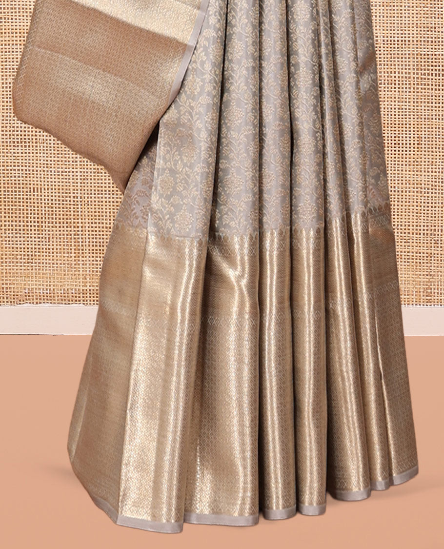 Grey Kanchipuram Wedding Silk Saree Features Jacquard Design, a Zari Border of Thilakam Mokku, Vanki, and Jaal Designs, Grand Pallu, and a Matching Blouse