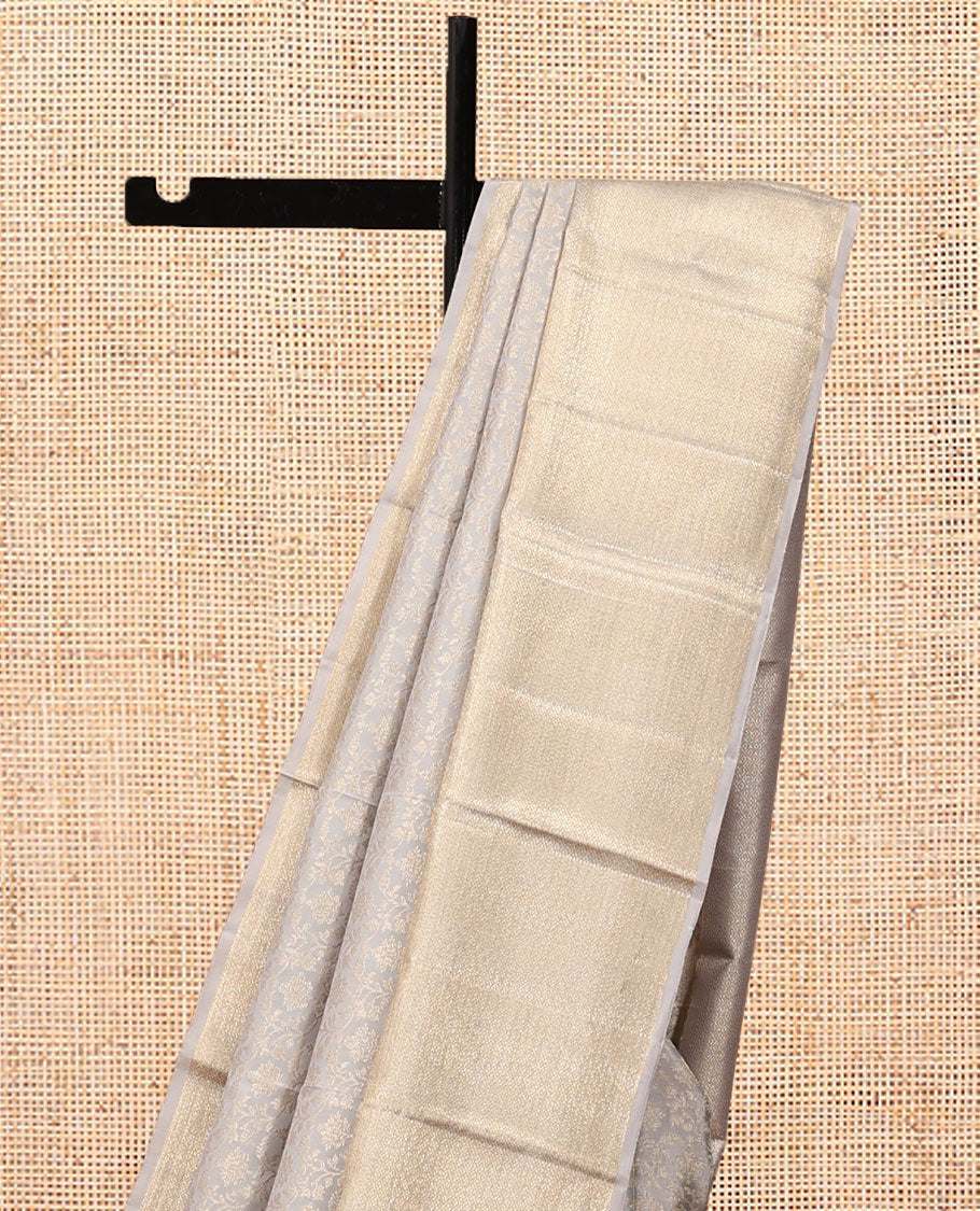 Grey Kanchipuram Wedding Silk Saree Features Jacquard Design, a Zari Border of Thilakam Mokku, Vanki, and Jaal Designs, Grand Pallu, and a Matching Blouse